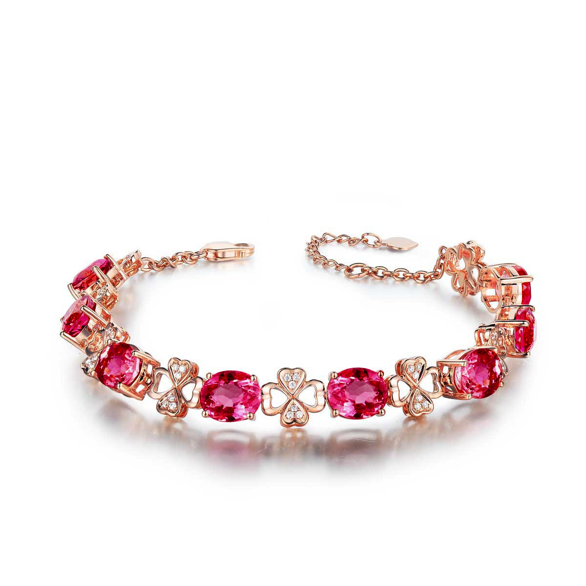 Rose Gold Imitation Natural Rubellite Gemstone Four-Leaf Clover Bracelet - Image 3