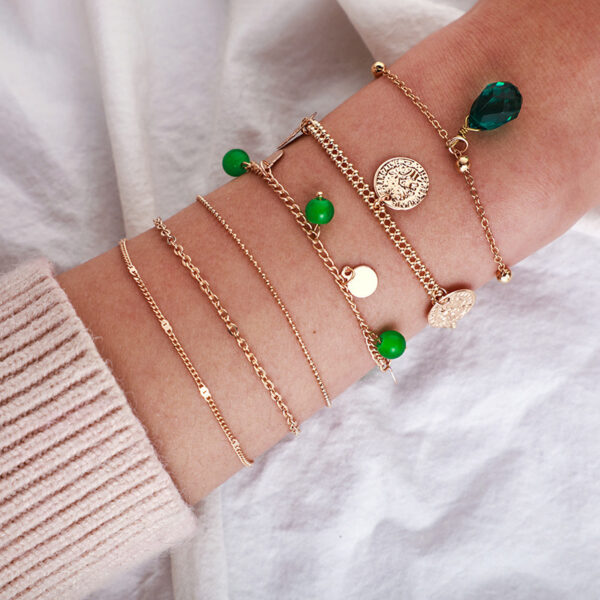 Bohemian Green Gemstone Tassel Disc Multilayer Bracelet - Image 2