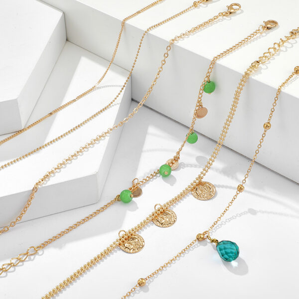 Bohemian Green Gemstone Tassel Disc Multilayer Bracelet - Image 3