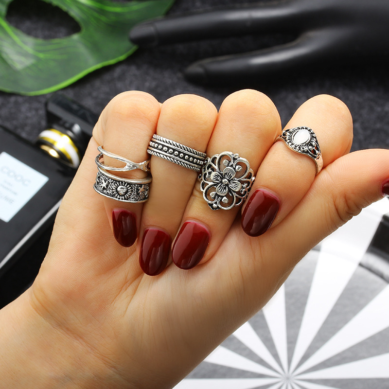 5-piece Set Of Vintage Hollow Carved Patterns And Inlaid Gemstones Ring - Image 4