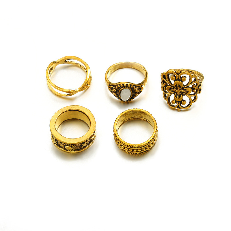 5-piece Set Of Vintage Hollow Carved Patterns And Inlaid Gemstones Ring - Image 5