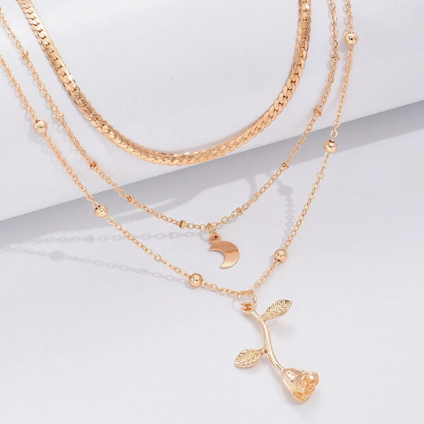 Boho Layered Moon & Rose Pendant Necklace – Trendy Gold Choker - Image 7