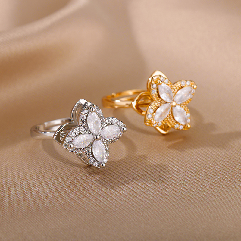 Rotatable Flower Rings With Rhinestones Ins Fashion Anti-anxiety Decompression Ring - Image 3