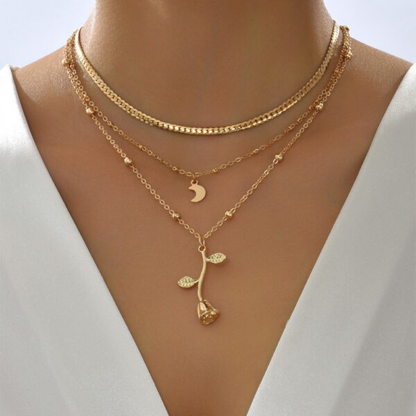 Boho Layered Moon & Rose Pendant Necklace – Trendy Gold Choker - Image 10
