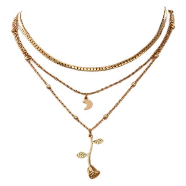 Boho Layered Moon & Rose Pendant Necklace – Trendy Gold Choker - Image 6