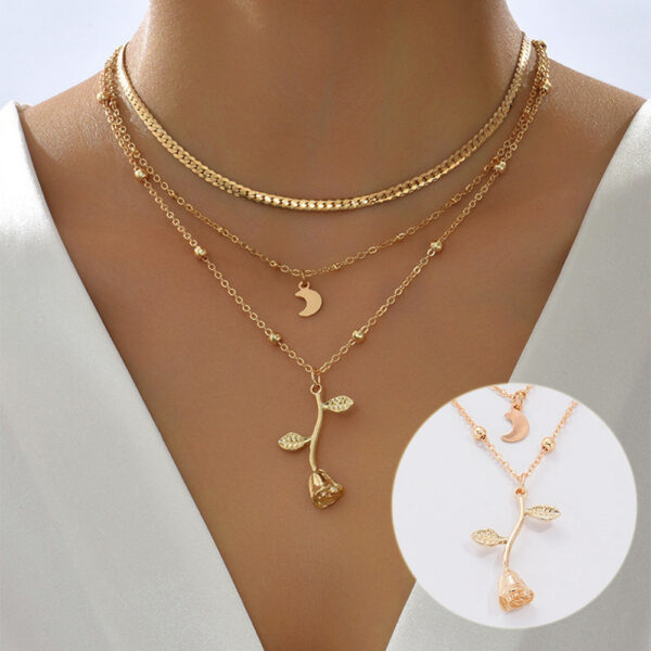 Boho Layered Moon & Rose Pendant Necklace – Trendy Gold Choker