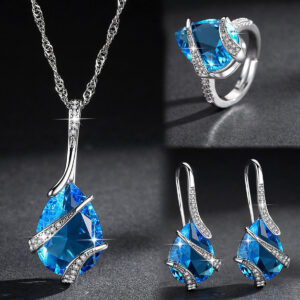 Three-piece Set Colored Gems Set Rings Necklace Earrings