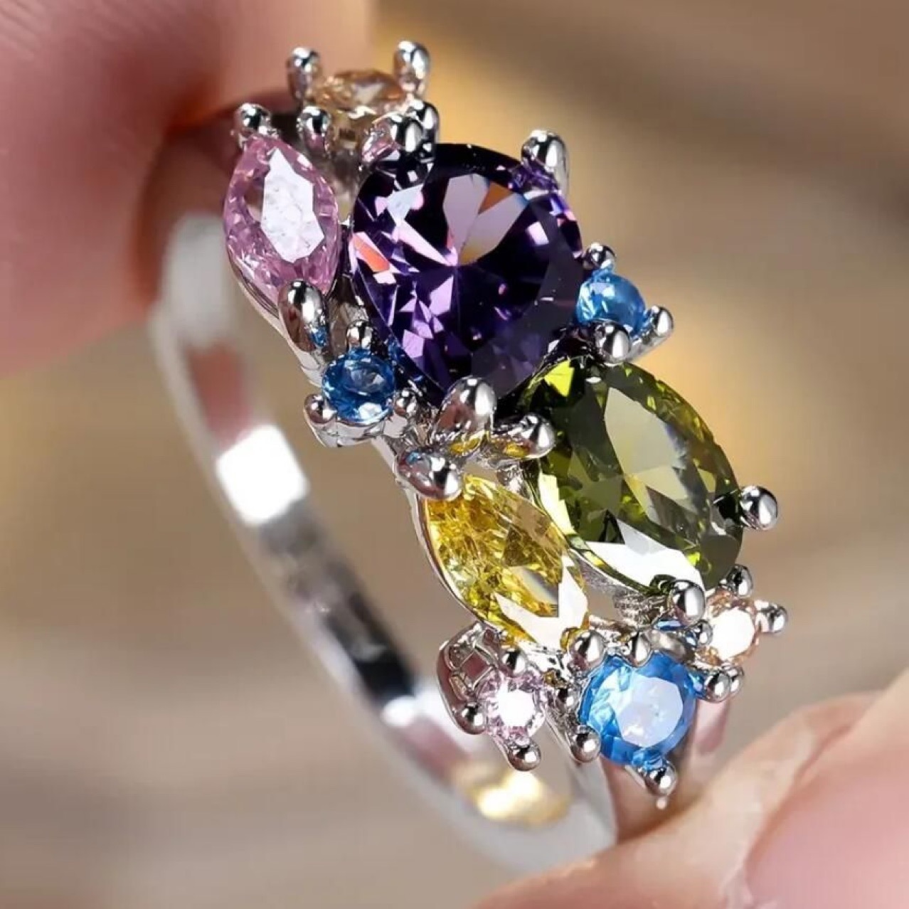 S25 Sterling Silver Dopamine Colorful Flower Zircon High Luxury Magic Color Ring - Image 5