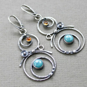 Large Round Hollow Blue Natural Stone Earrings Handmade Ornament Alloy Pendant