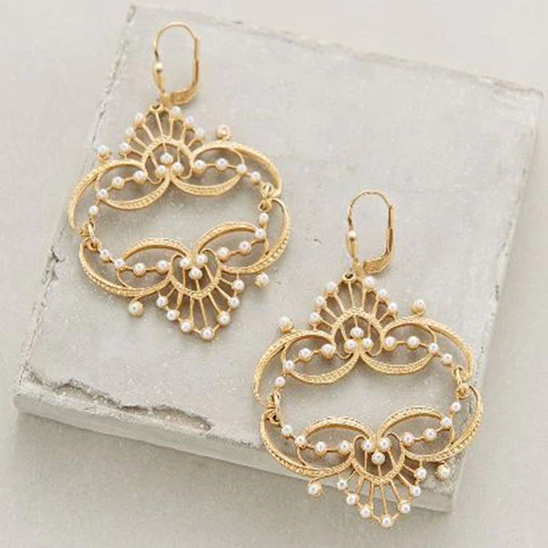 Bohemian Style Hollow Pattern Pure Copper Plated Pearl Fashionable Earrings - Image 5